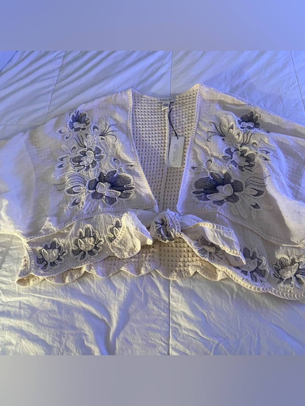 Rachel Zoe Open-Knit Crochet Top in Cream and Navy Embroidery - Picture 5 of 12